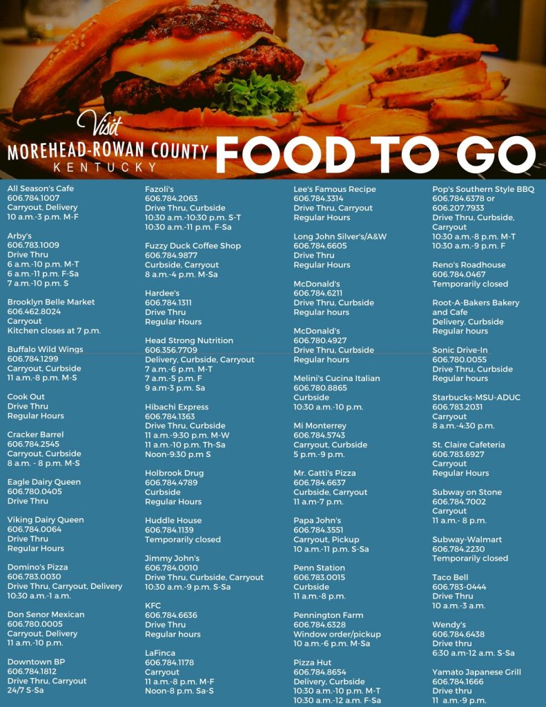 Image: A list of Food-to-Go in Morehead-Rowan Co.