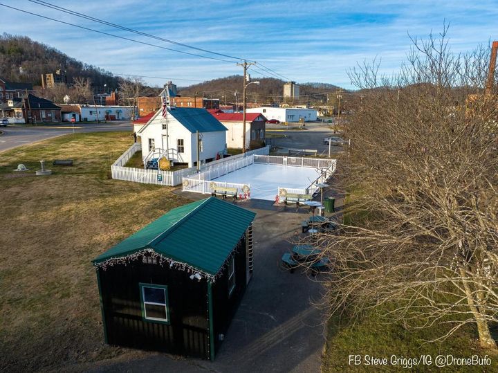 Ariel photo of the Ice Skating rink and skate rental building